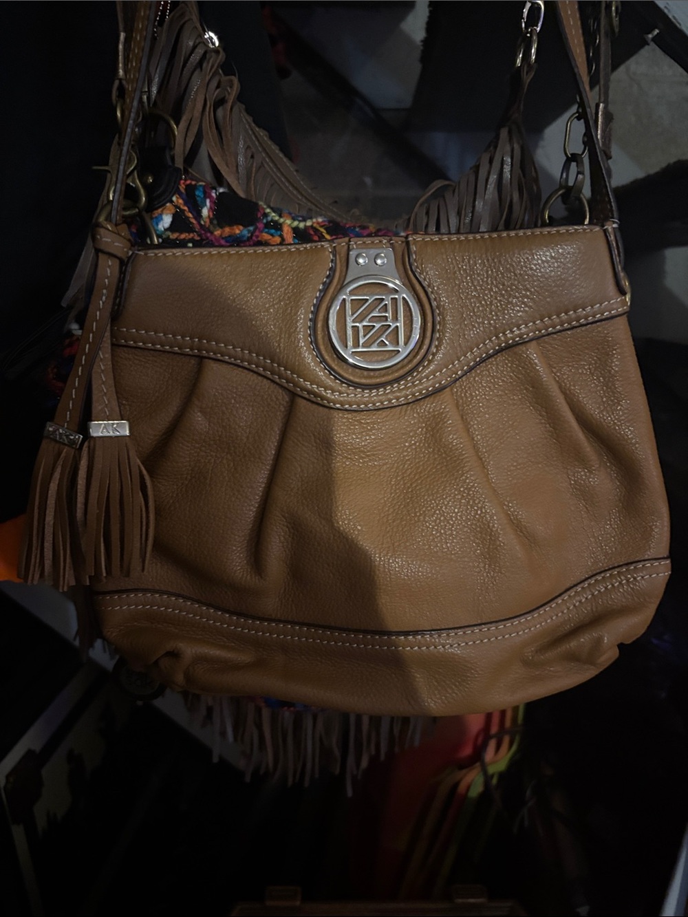 Anne Klein Cognac Leather Shoulder Bag with Tassel